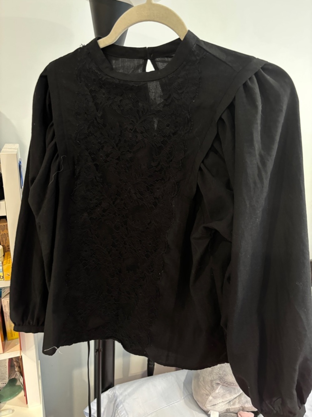 Black Lace-Front Puff Sleeve Women's Top